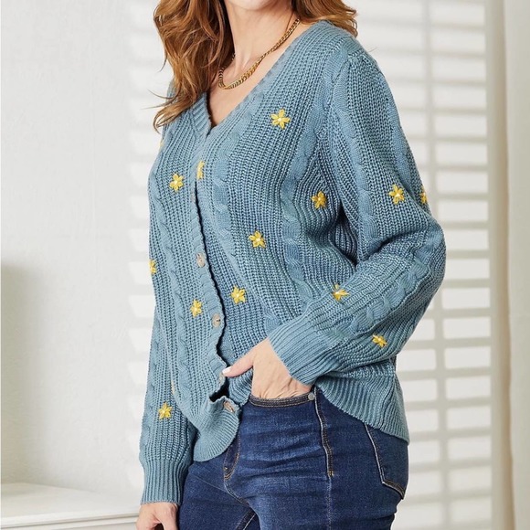 NEW HEYSON PLUS + REG SIZE Floral Embroidered Chunky Cable Knit Cardigan Sweater - Picture 10 of 12